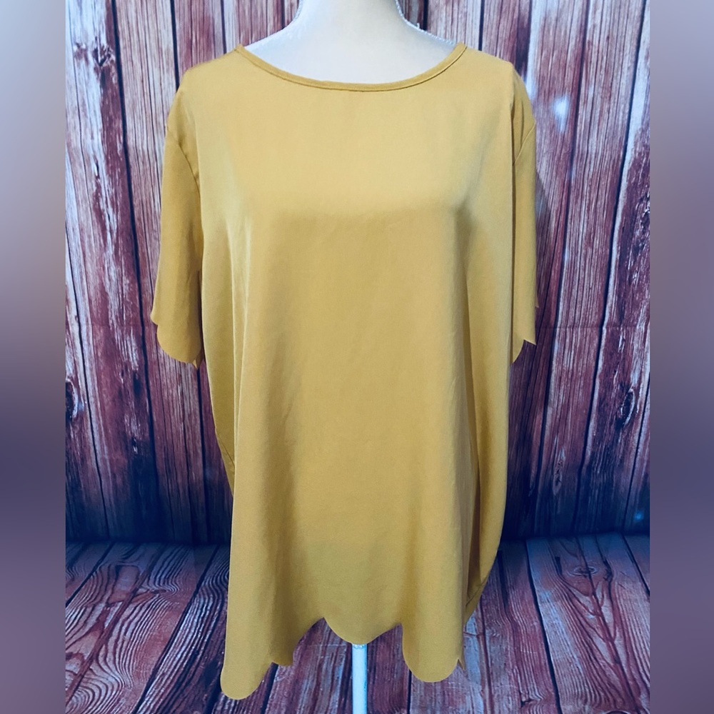 Women’s 3X Blouse Tickled Teal Mustard Short Sleeves U Neck Silky Ruffle Trim